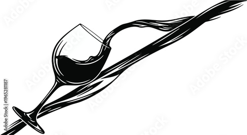 Red wine pours dynamically from an elegant glass, creating a flowing splash.