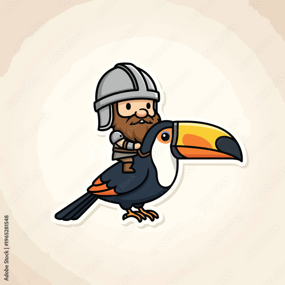 Naklejka premium A cartoon-style illustration of a miniature warrior riding a giant toucan against a light brown watercolor-like textured background
