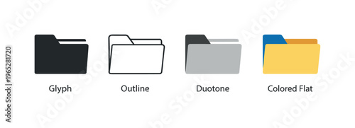 Set of folder icons in four styles showing glyph, outline, duotone, and colored flat variations arranged on a clean white background