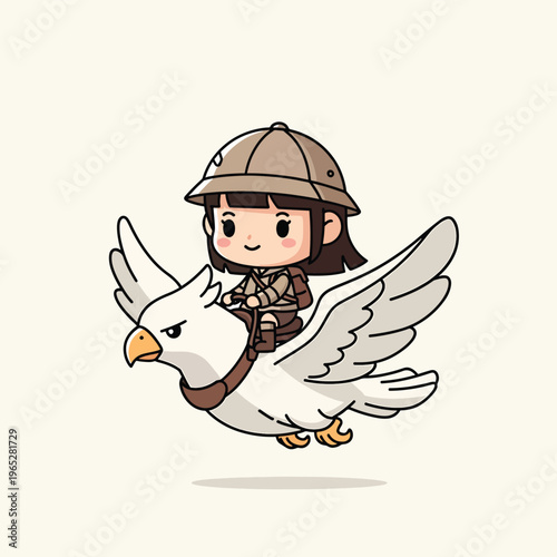 A charming, stylized illustration depicts a person wearing a pith helmet riding a griffin through the air. The griffin, white with strong wings, soars