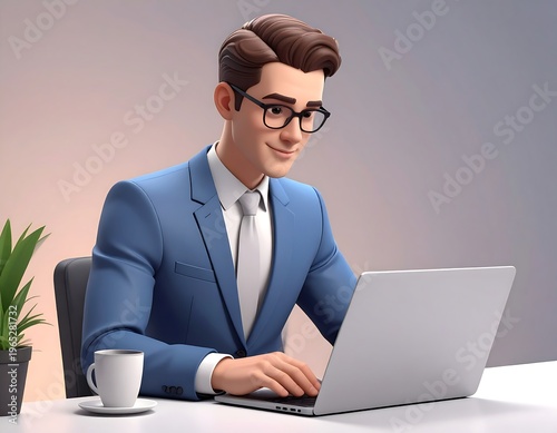 Animated male figure in blue suit working on laptop, with coffee cup