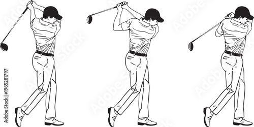 Golf swing sequence, golfer in motion, black and white vector illustrations, sports icon set
