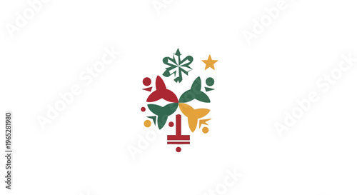 Abstract colorful emblem with geometric shapes and symbols.