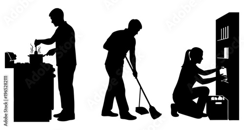 Silhouettes of people cooking sweeping floor and organizing shelves in a home interior minimalist style