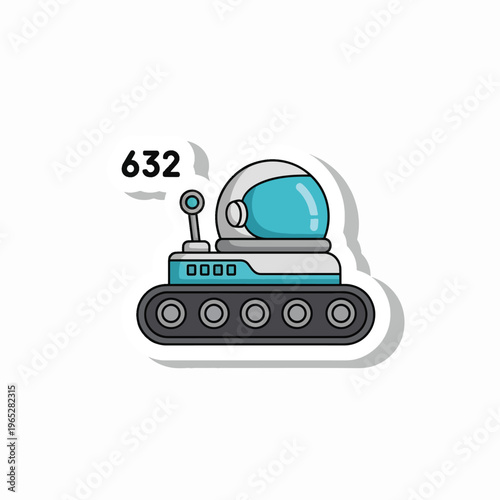 A cartoon-style rover with a large bubble helmet, tracks, and a periscope. It is a sticker with a white border and a simple style