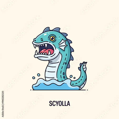 A cartoon-style illustration of a sea monster emerging from water. It has a teal body, fins, sharp teeth, and a gaping mouth. A name is below