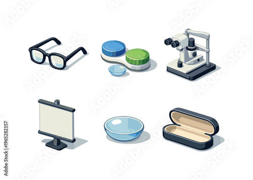 Set of optometry and vision care equipment including eyeglasses, contact lens cases and solution, microscope, eye chart display, lens dish, and storage case