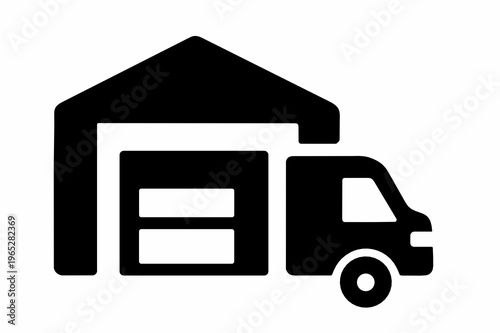 Black warehouse and delivery truck icon combined in one bold symbol. Clear logistics graphic for depot service, dispatch center, storage, shipping and transport business.