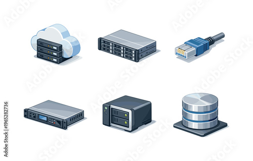 Collection of network and data storage icons showing cloud servers, rack hardware, ethernet connector, NAS device, and database cylinder in isometric style