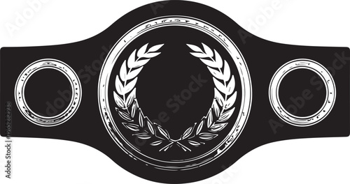 Championship belt buckle, laurel wreath medal, black leather strap, silver hardware