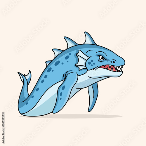 A cartoon-style illustration of a sea monster. It is blue, with fins, and sharp teeth, and appears angry. The background is a neutral tan color