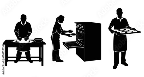 Baker Kneading Dough Placing Tray in Oven Holding Baked Goods Culinary Process Silhouette Style