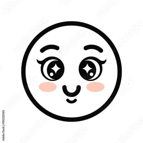 A cute cartoon face in black and white with rosy cheeks. The eyes sparkle, eyebrows arch, and a gentle smile completes the look
