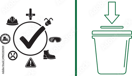 Black icons of PPE (helmet, boots, goggles) surrounding a checkmark, paired with a green waste bin icon, illustrating industrial safety compliance and proper disposal protocols.