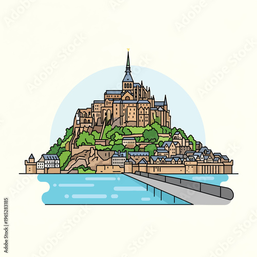 A colorful illustration of a historic island fortress with a bridge to the mainland. The fortress includes a tall spire and surrounding buildings