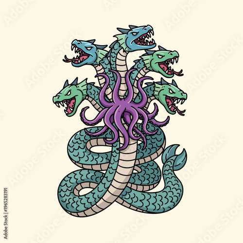 A cartoon-style illustration of a mythical creature. It features a snake-like body, several dragon heads, & an octopus-like appendage
