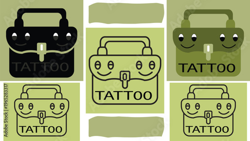 Cute Tattoo Kit Bag Icon Set with Smiley Face Character for Ink Artists