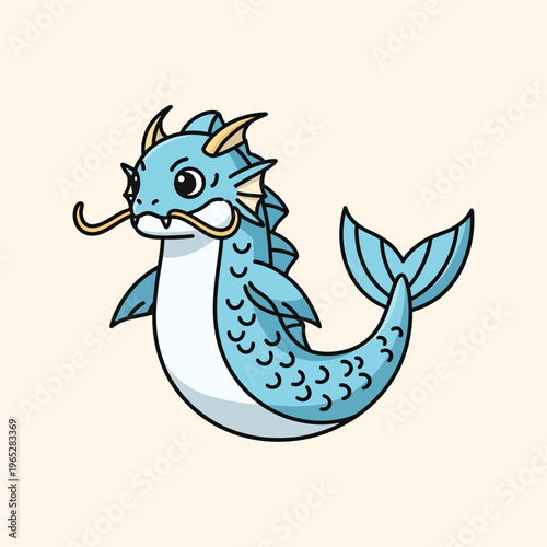 A cartoon-style illustration of a mythical creature. It has a blue body and fishtail, a yellow mustache, and small horns. It's against a beige backdrop