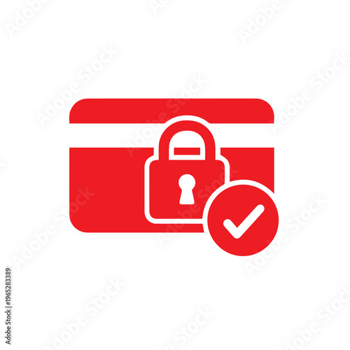Red credit card icon displays a closed padlock and a confirmation checkmark indicating secure transaction.