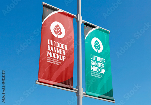 Street pole double banner mockup outdoor perspective