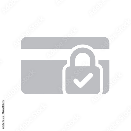 Monochrome graphic shows a credit card secured by a locked padlock featuring a checkmark symbol overlay.