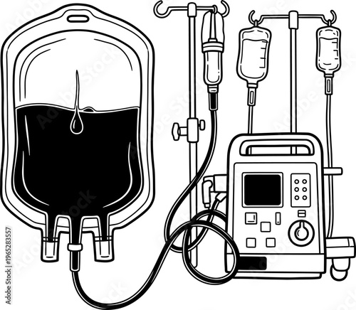 IV Drip Bag Infusion Pump Medical Equipment Hand Drawn Line Art