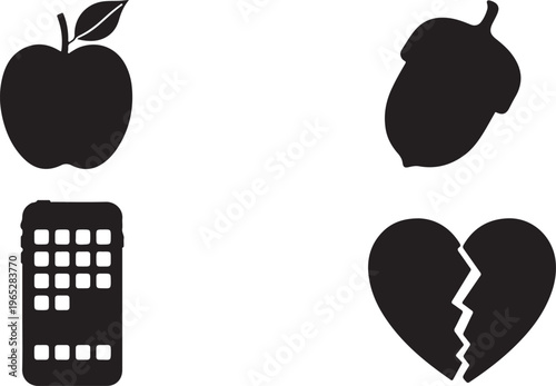 Black icons set, mobile phone, broken heart, apple, pear, silhouette symbols