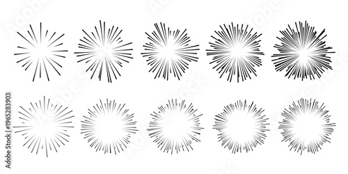 Round sunburst, line radial exploding frame icon set. Set fluffy pom poms. Circles made of black lines from center, manga comic speed effect, explosion or radial bursts. Vector illustration.