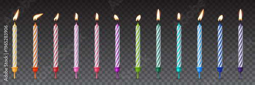 Birthday candles for cake. 3d birthday candles with different colors and glowing flames. Colorful party decoration elements for happy celebration. Festive realistic vector illustration.