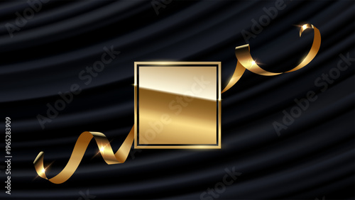 Award background. Gold award frame with golden silk ribbon on black curtain backdrop and empty space in center. Elegant luxury vector illustration, banner for event, winner ceremony, invitation, VIP.