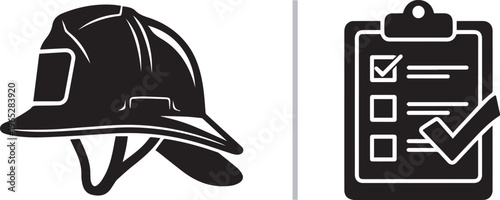 Flat black vector icons of a firefighter helmet and a completed checklist on a clipboard, representing fire safety inspections, emergency protocols, and professional compliance procedures.