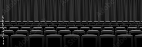 Black theater stage curtain. Cinema stage curtain audience hall with rows of dark seats. Classic performance interior scene, movie, presentation, conference. Realistic vector illustration.
