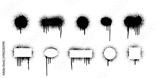 Spray paint circles with drips and splatters vector illustration set. Black ink rings with splashes. Grunge design, street style, graffiti background.