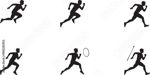 Running, athlete, sports, icons, set of 7, black silhouettes