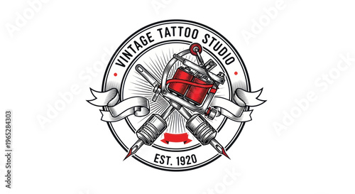 Vintage Tattoo Studio Emblem with Crossed Tattoo Machines and Banner, Est. 1920