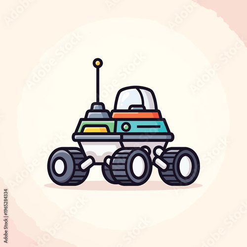 A colorful, illustrative rendering of a wheeled vehicle, likely for space exploration. It has a rounded chassis, antenna, a dome, and six wheels