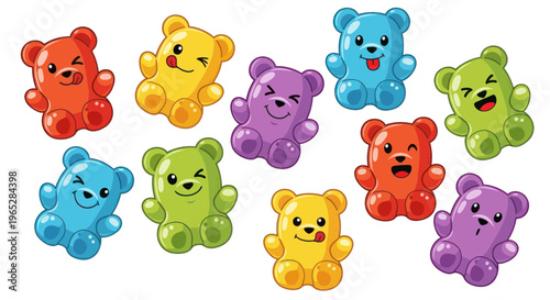 Colorful Gummy Bears with Fun Expressions and Wiggling Poses