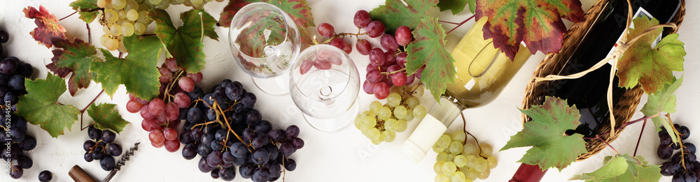 Fototapeta premium Wine and Grapes Border on White Background with Copy Space