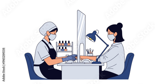 Manicurist applying nail polish to client in salon, safety measures