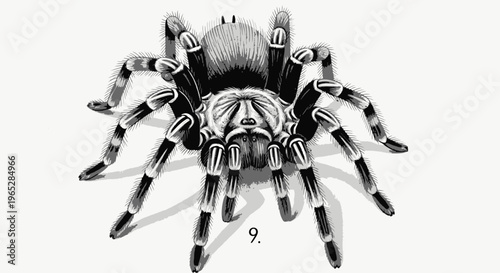 Detailed Black and White Tarantula Illustration with Striking Leg Patterns
