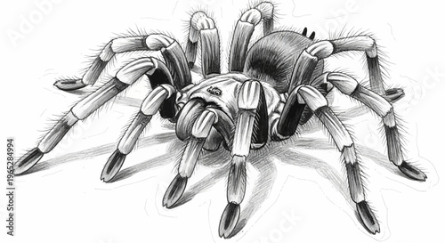 Detailed Black and White Tarantula Illustration with Hairy Legs and Body