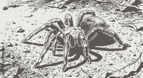 Detailed Illustration of a Large Tarantula Spider with Hairy Legs and Body