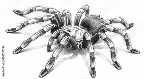 Detailed Black and White Tarantula Illustration with Hairy Legs and Body