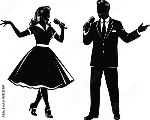 Silhouettes of male and female singers performing with microphones, vintage retro style duet illustration symbolizing music, stage entertainment, and timeless artistic energy