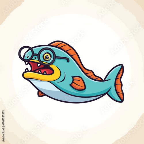 A cartoon-style illustration of a smiling, teal fish wearing glasses. Its dorsal and tail fins are orange, and it has a yellow mouth