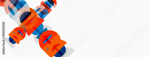 Abstract geometric shapes overlap, creating dynamic visual composition. Orange, blue hues dominate white background. Modern design element.