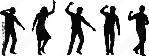 Energetic dancing silhouettes of three people in motion, joyful celebration, rhythmic movement, party vibe, festive lifestyle illustration for creative design and advertising projects