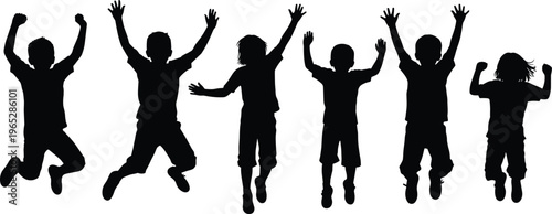 Silhouettes of six children jumping with raised arms, dynamic playful poses symbolizing joy, energy, childhood fun, and active lifestyle illustration