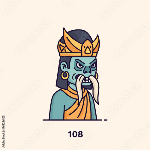 A cartoon-style illustration of a mythical figure with a crown, stylized earrings, blue skin, an angry face, and white tusks/facial hair