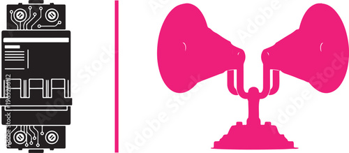 Flat vector icons of a black triple-pole circuit breaker and a pink dual-horn siren speaker, representing industrial electrical safety, emergency alerts, and alarm system equipment.